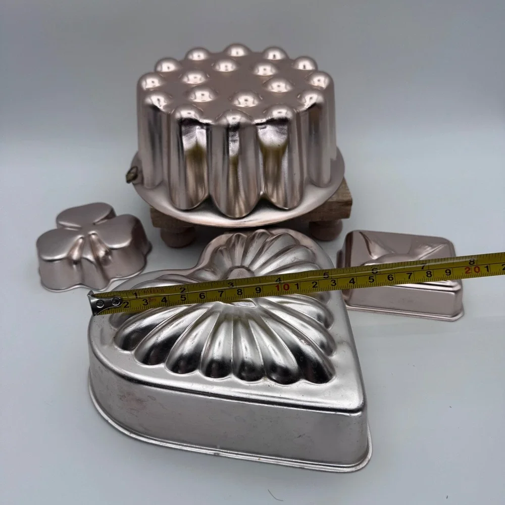 Vintage Copper Aluminum Jello Mold Set Heart Shamrock Bird Fluted 4pc Kitchen